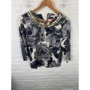Boden Women's Silk Sequin Embellished Floral Dressy Blouse Top Gray Black Size 4